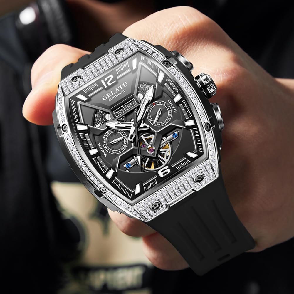 OLEVS Skeleton Men Watches Automatic Business Luxury Diamond Self Winding Watch for Men Stainless Steel Calendar Wrist Watch