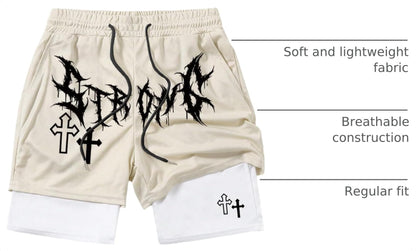 QJQ Men's 2 in 1 Goth Graphic Drawstring Elastic Waist Shorts Summer Casual Workout Athletic Gym Track Shorts