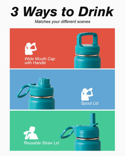 Half Gallon Water Bottle Insulated with Straw & 3 Lids, Coolflask 64 oz Water Jug Large Metal Stainless Steel Wide Mouth for Sports, Gym or Office, Non-BPA Keep Cold 48H Hot 24H, Samurai Cyan