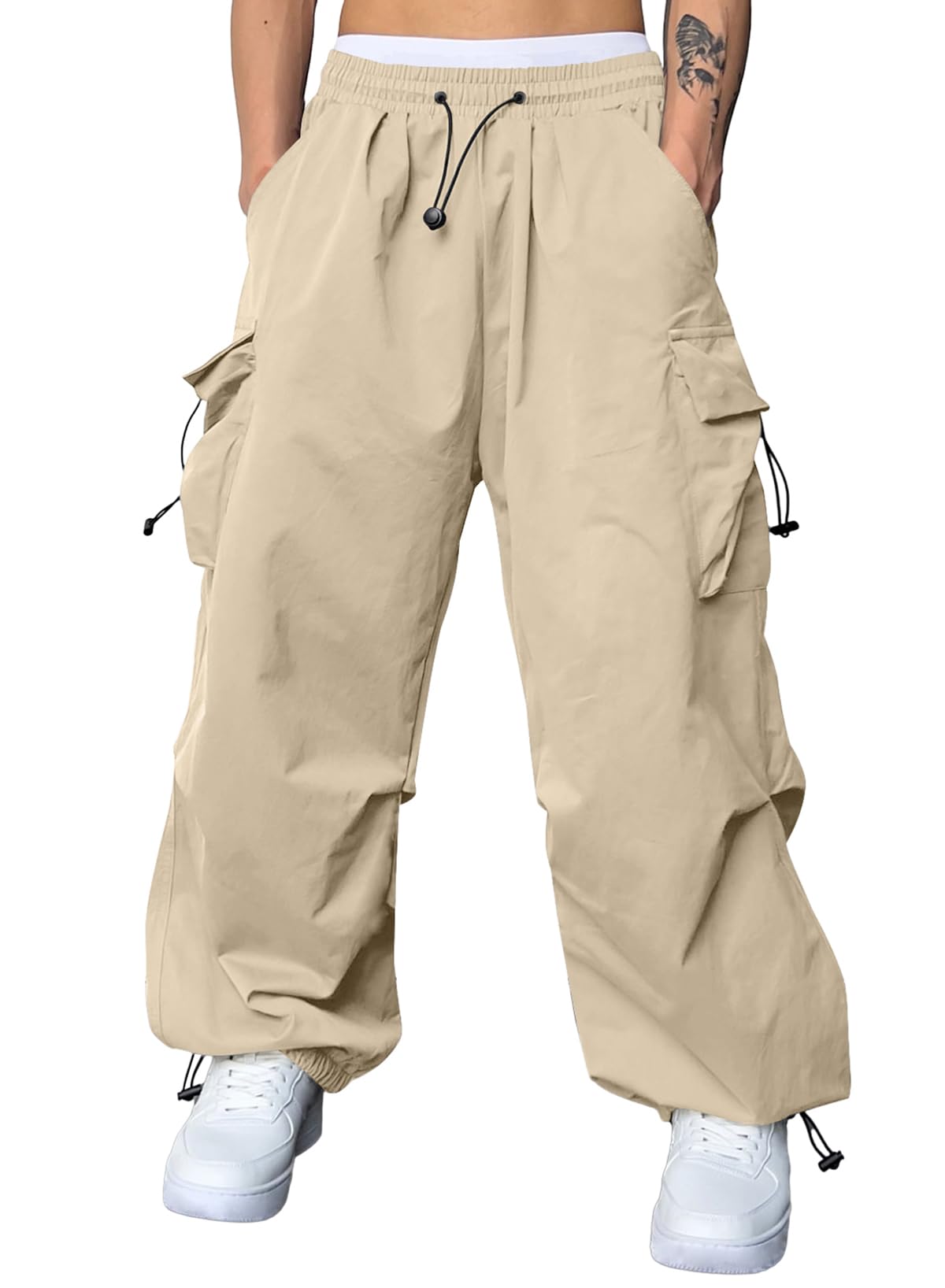 JMIERR Mens Loose Fit Drawstring Y2K Baggy Parachute Cargo Pants | Harem Joggers, Utility Flap, Deep Side Pockets, Elastic Waistband, Adjustable Hem, Streetwear, Casual Wear, Outdoor Hiking