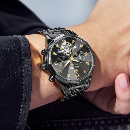 OLEVS Skeleton Men Watches Automatic Business Luxury Diamond Self Winding Watch for Men Stainless Steel Calendar Wrist Watch