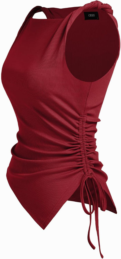 CIDER Womens Going Out Tops Ruched Sleevelss Boat Neck Asymmetrical Hem Summer Club Crop Tank Tops