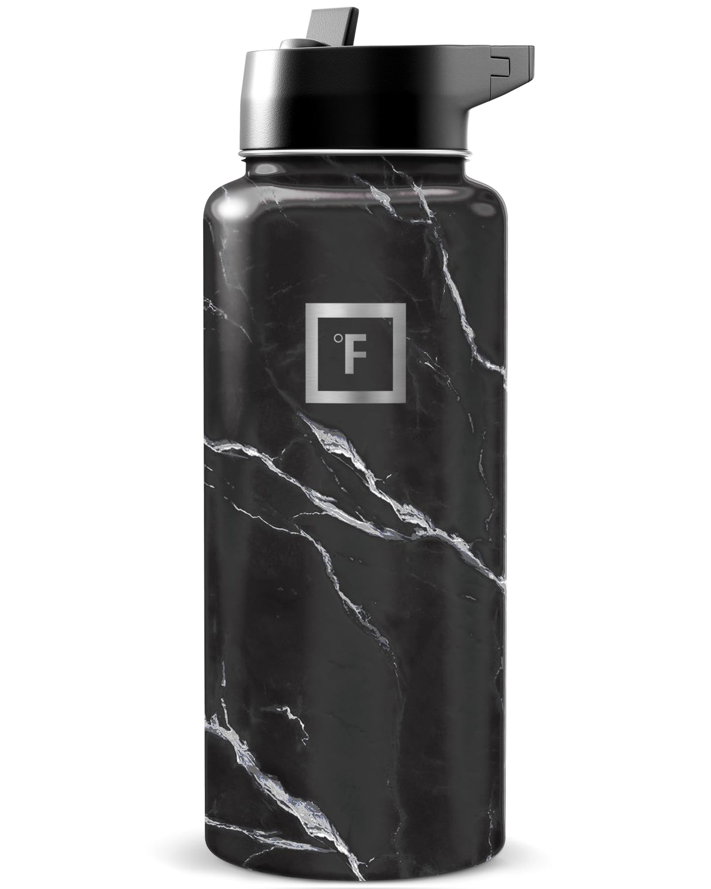 IRON °FLASK Camping & Hiking Hydration Flask with Straw, Wide Mouth Insulated Stainless Steel Sports Water Bottle - Midnight Black 24 oz - Straw (1 Lid)