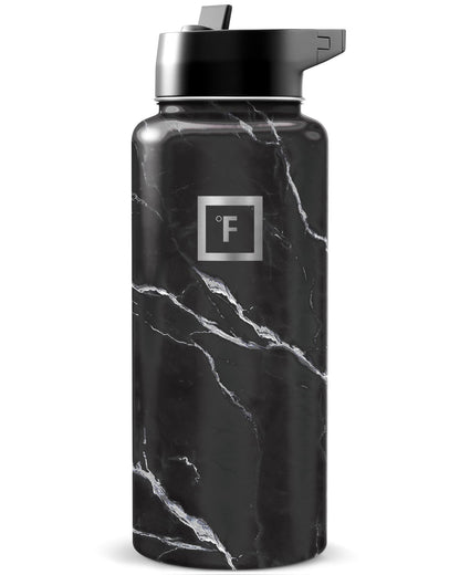 IRON °FLASK Camping & Hiking Hydration Flask with Straw, Wide Mouth Insulated Stainless Steel Sports Water Bottle - Midnight Black 24 oz - Straw (1 Lid)