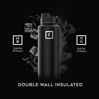 IRON °FLASK Camping & Hiking Hydration Flask with Straw, Wide Mouth Insulated Stainless Steel Sports Water Bottle - Midnight Black 24 oz - Straw (1 Lid)