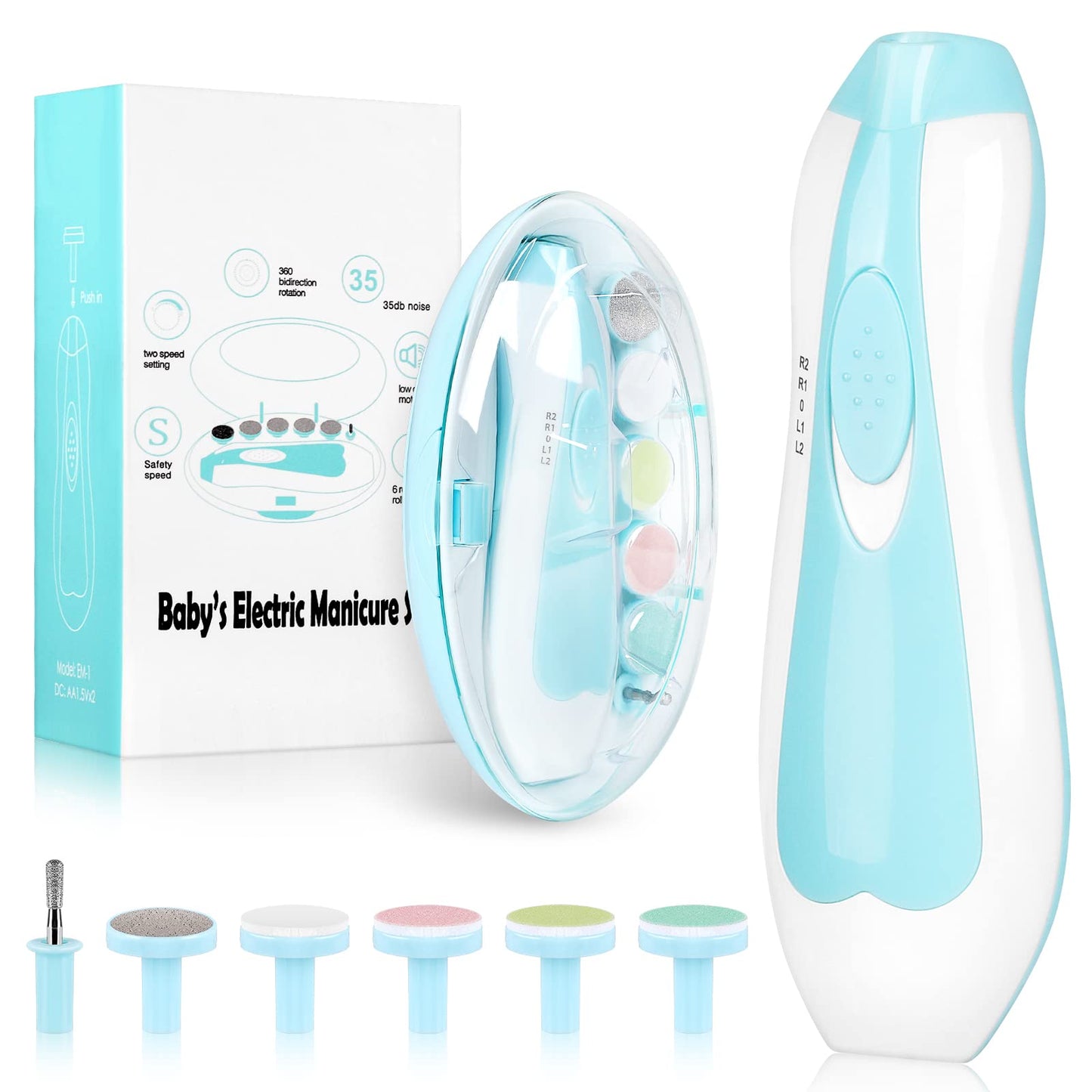 Electric Nail File Drill for Baby No Sharp Claws Hurt, 6 in 1 Safety Cutter Trimmer Clipper for Toes and Fingers (Blue)
