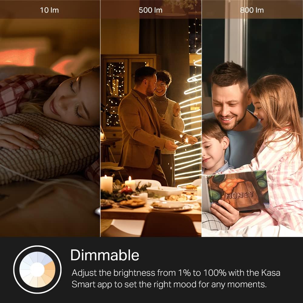 Kasa Smart Light Bulbs that works with Alexa and Google Home, Dimmable Smart LED Bulb, A19, 9W, 800Lumens, Soft White(2700K), CRI≥90, WiFi 2.4Ghz only, No Hub Required, 4 Count (Pack of 1)(KL110P4)