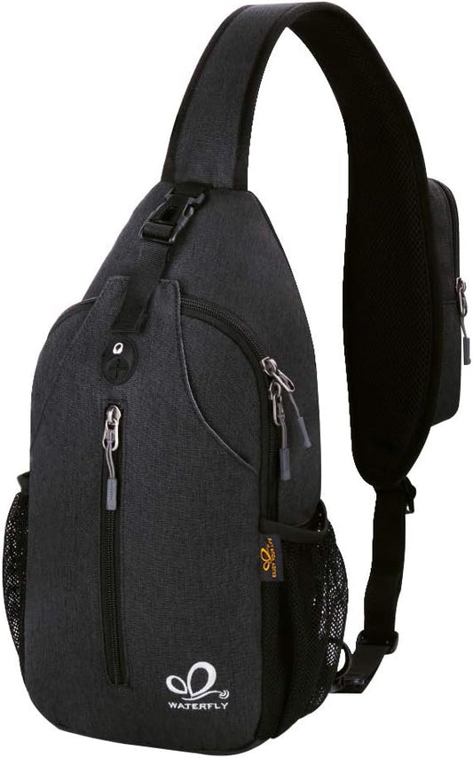 WATERFLY Crossbody Sling Backpack Sling Bag Travel Hiking Chest Bag Daypack (Black) | Small Hiking bag,Multi-compartment storage,Water-resistant,Breathable back pad,Reversible adjustable shoulder strap