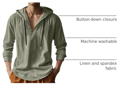 Mens Cotton Linen Hoodies Long Sleeve Button Down Shirts Casual Hawaiian Beach Yoga Sweatshirts