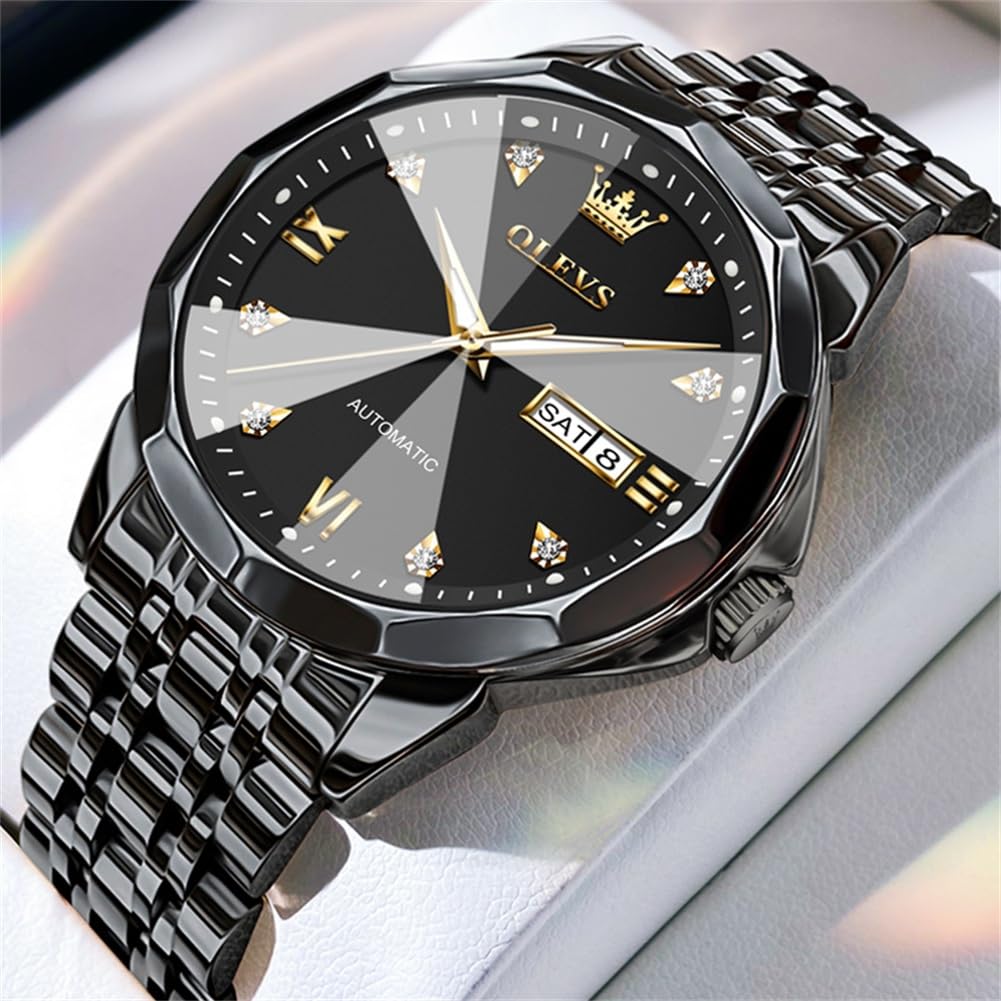OLEVS Skeleton Men Watches Automatic Business Luxury Diamond Self Winding Watch for Men Stainless Steel Calendar Wrist Watch