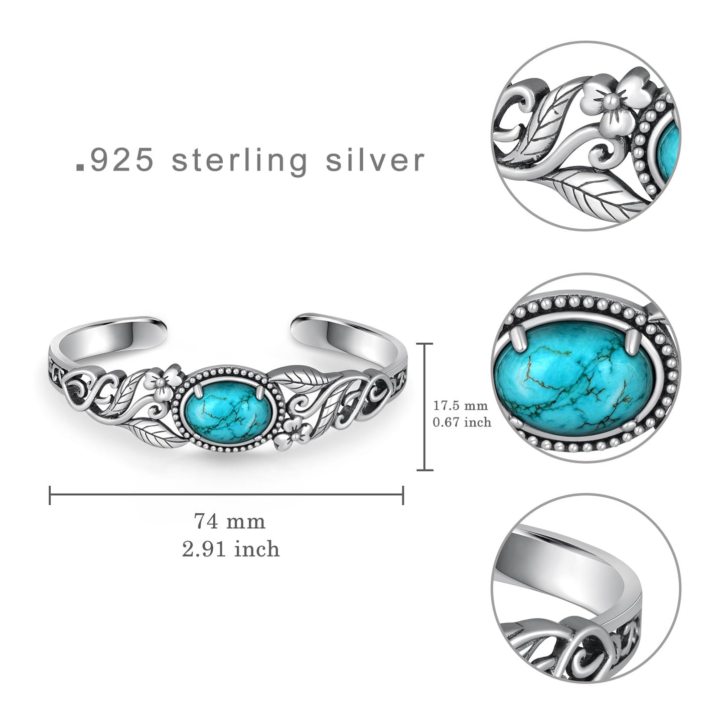 Genuine Turquoise Bracelet for Women 925 Sterling Silver Real Turquoise Cuff Bracelet Vintage Western Jewelry for Women
