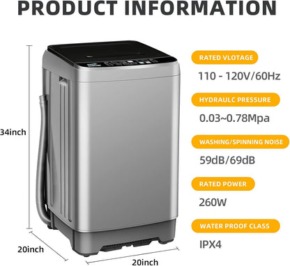 Portable Washing Machine, 17.7lbs Full-Automatic Small Washing Machine for Apartment, 10 Wash Programs with Drain Hose Dorm Size Portable Washer for RV, Home, College, Grey
