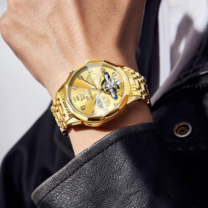 OLEVS Skeleton Men Watches Automatic Business Luxury Diamond Self Winding Watch for Men Stainless Steel Calendar Wrist Watch