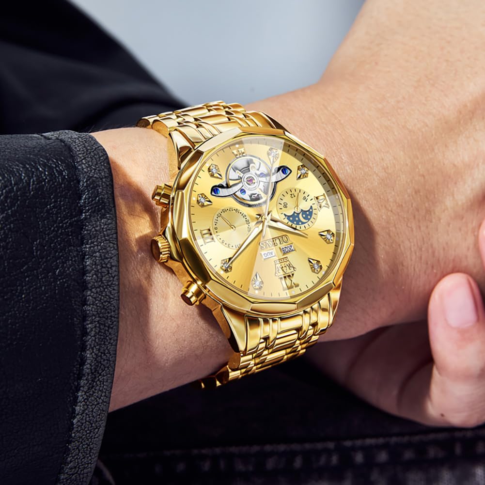 OLEVS Skeleton Men Watches Automatic Business Luxury Diamond Self Winding Watch for Men Stainless Steel Calendar Wrist Watch