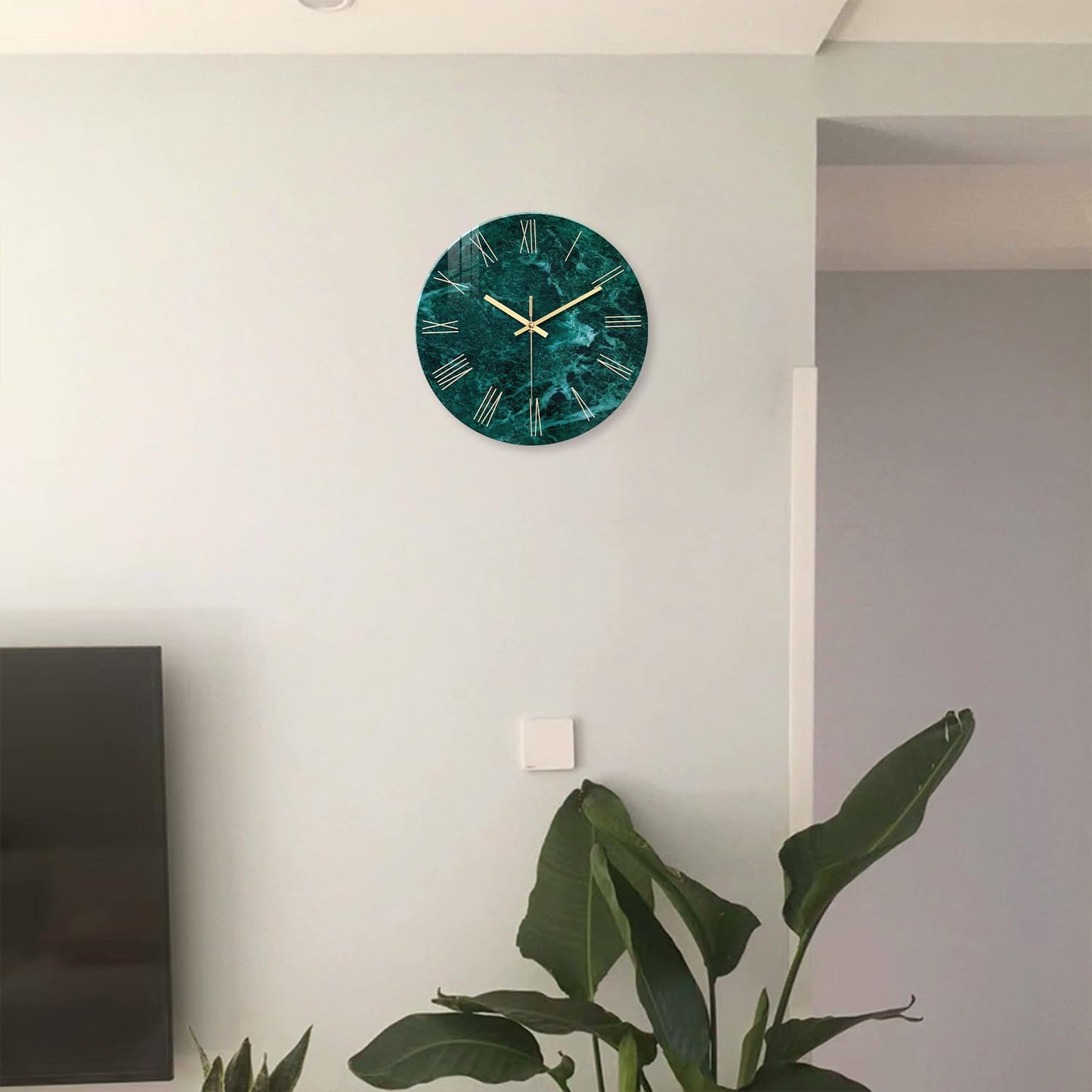 White Marble Glass Wall Clocks Battery Operated 12 Inch Abstract Decorative Analog Wall Clocks for Living Room Bedroom Office Silent Wall Clock Modern