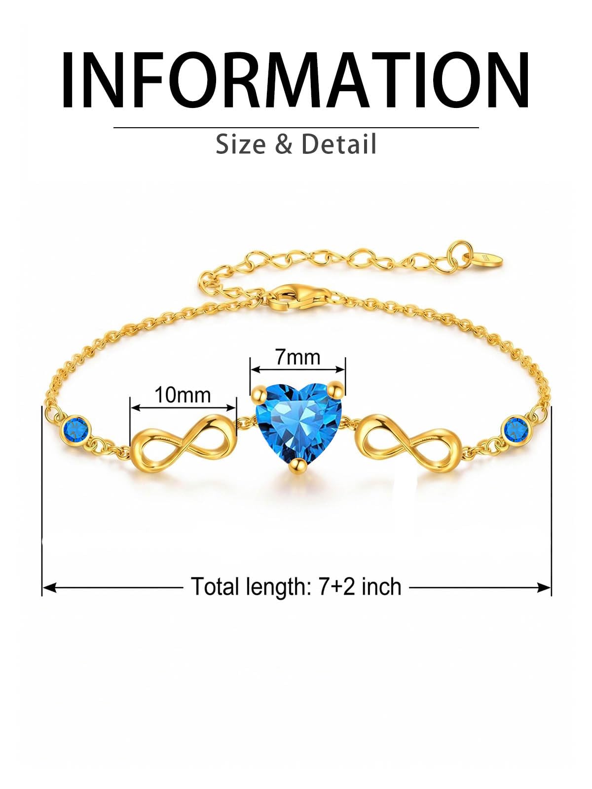 14K Gold Infinity Birthstone Bracelets for Women, Infinity Love Heart Birthstone Link Bracelets for Women, 14K Gold Plated Jewelry Birthday Gifts for Wife Girlfriend Mom, 7+2 Inch