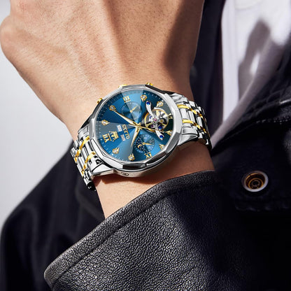 OLEVS Skeleton Men Watches Automatic Business Luxury Diamond Self Winding Watch for Men Stainless Steel Calendar Wrist Watch