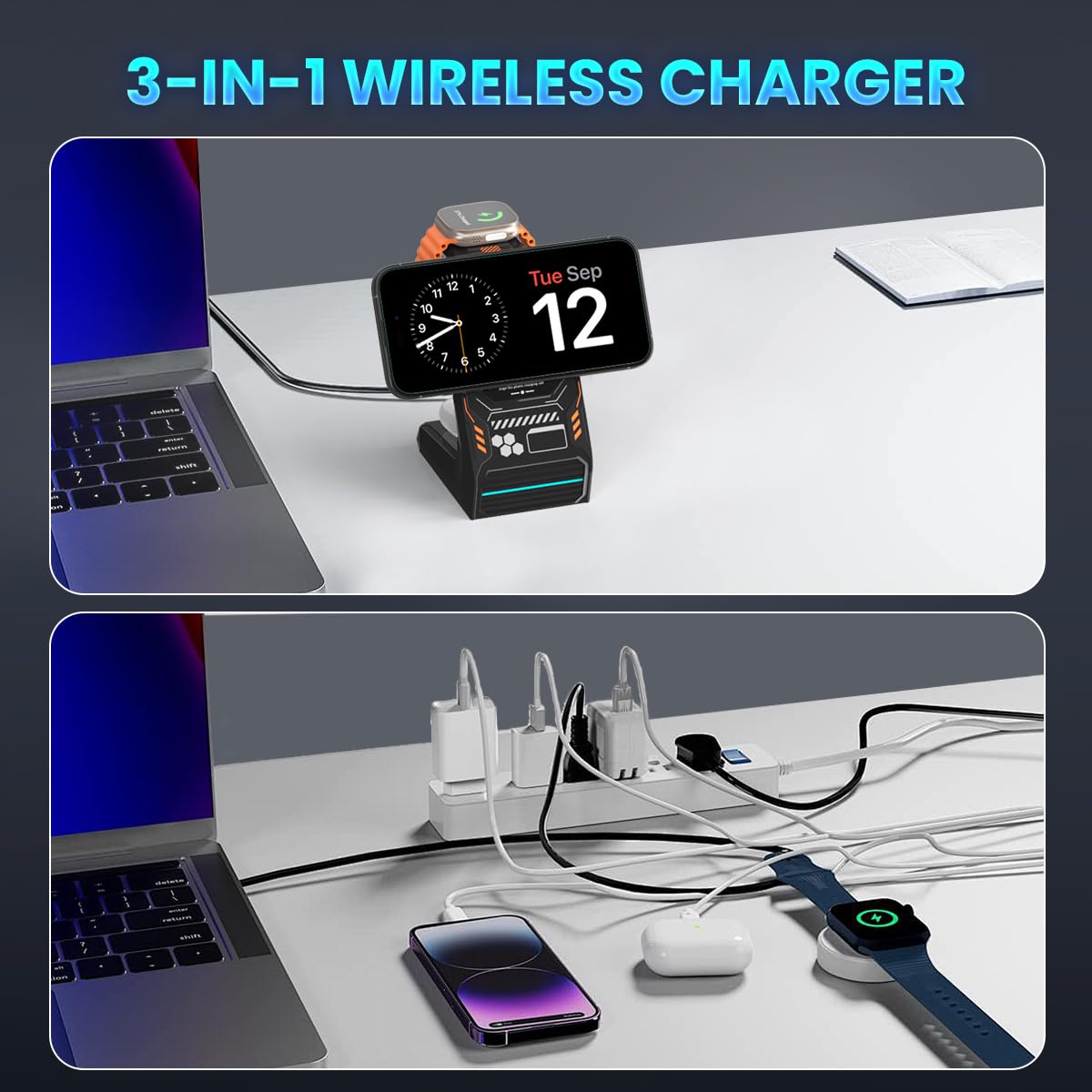 JoyGeek 3 in 1 Charging Station for Apple Devices, Wireless Charger Stand for iPhone 17/16/15/14/13/12/11/SE/X Pro Max Plus - Apple Watch 11/10/9/Ultra 2/8/SE/7/6/5 - AirPods Pro 2/3/2