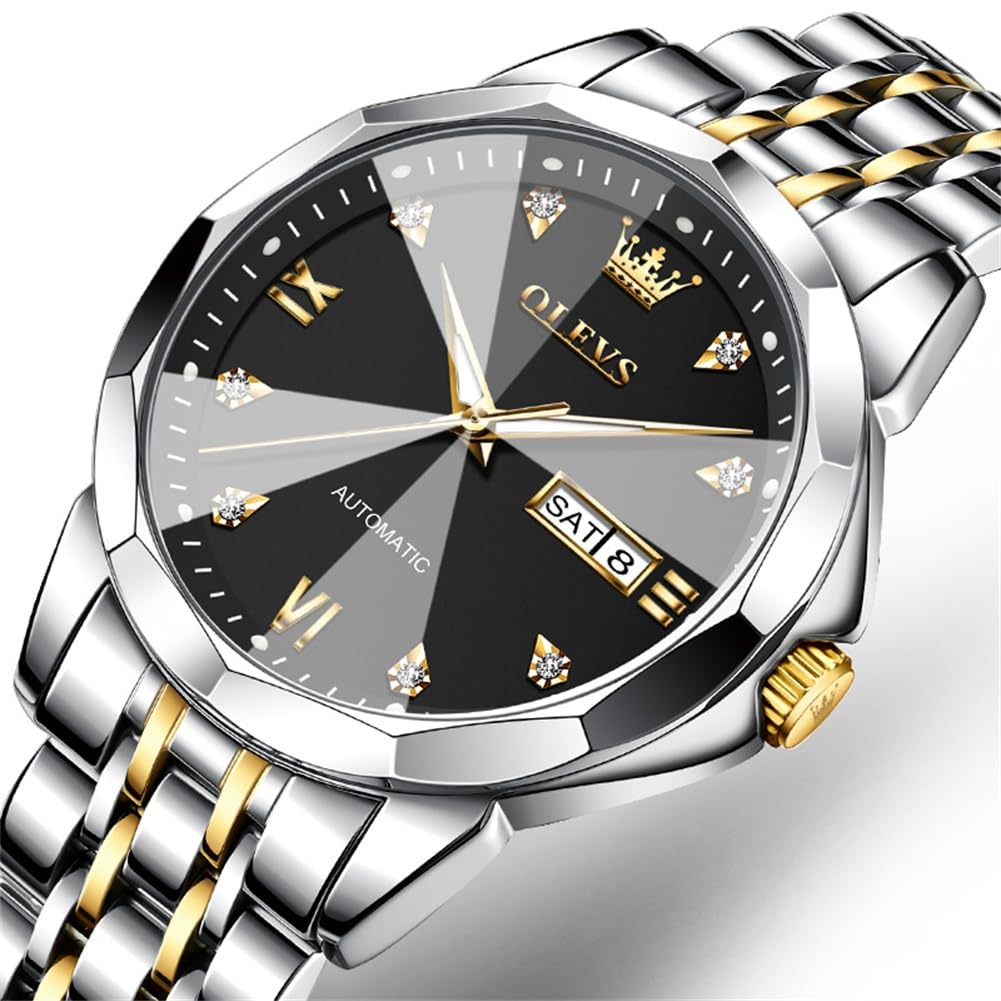 OLEVS Skeleton Men Watches Automatic Business Luxury Diamond Self Winding Watch for Men Stainless Steel Calendar Wrist Watch