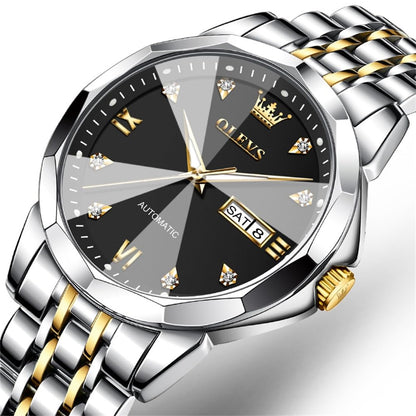 OLEVS Skeleton Men Watches Automatic Business Luxury Diamond Self Winding Watch for Men Stainless Steel Calendar Wrist Watch