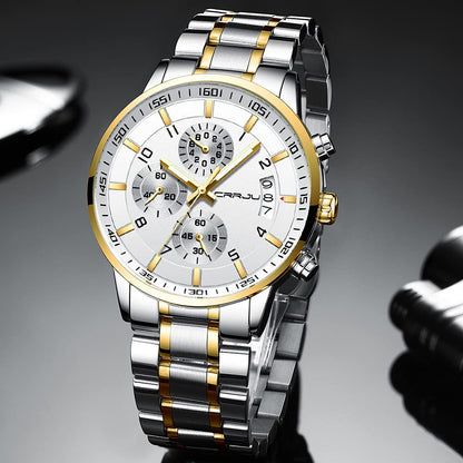 CRRJU Men's Fashion Stainless Steel Watches Date Waterproof Chronograph Wristwatches,Black Steel Band Waterproof Quartz Watch for Men