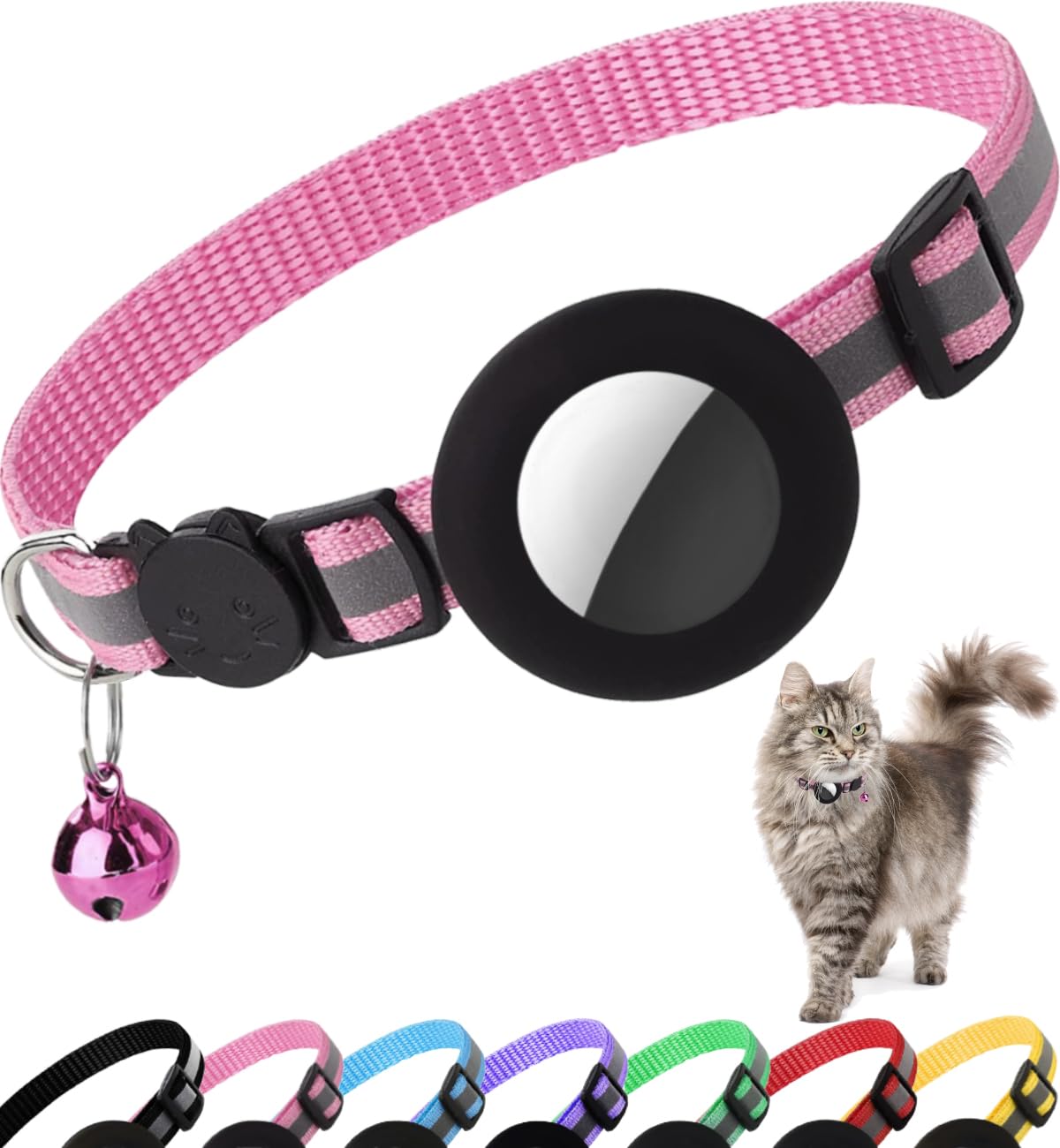 Airtag Cat Collar Breakaway, Cat Collar with Air Tag Holder(Black) | Safety Breakaway Buckle, Reflective Strip, Lightweight, Bell, 0.4 Inches in Width, Adjustable Size to Fit Different Cats