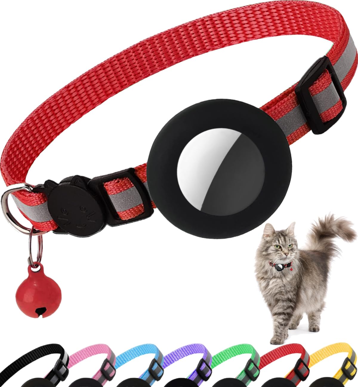 Airtag Cat Collar Breakaway, Cat Collar with Air Tag Holder(Black) | Safety Breakaway Buckle, Reflective Strip, Lightweight, Bell, 0.4 Inches in Width, Adjustable Size to Fit Different Cats