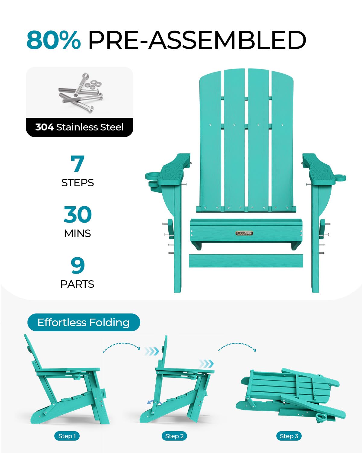 Folding Adirondack Chair, HDPE Adirondack Chairs with 2 Cup Holder, Plastic All-Weather Fire Pit Chairs, Outdoor Lawn Chair for Patio Garden (Grey)