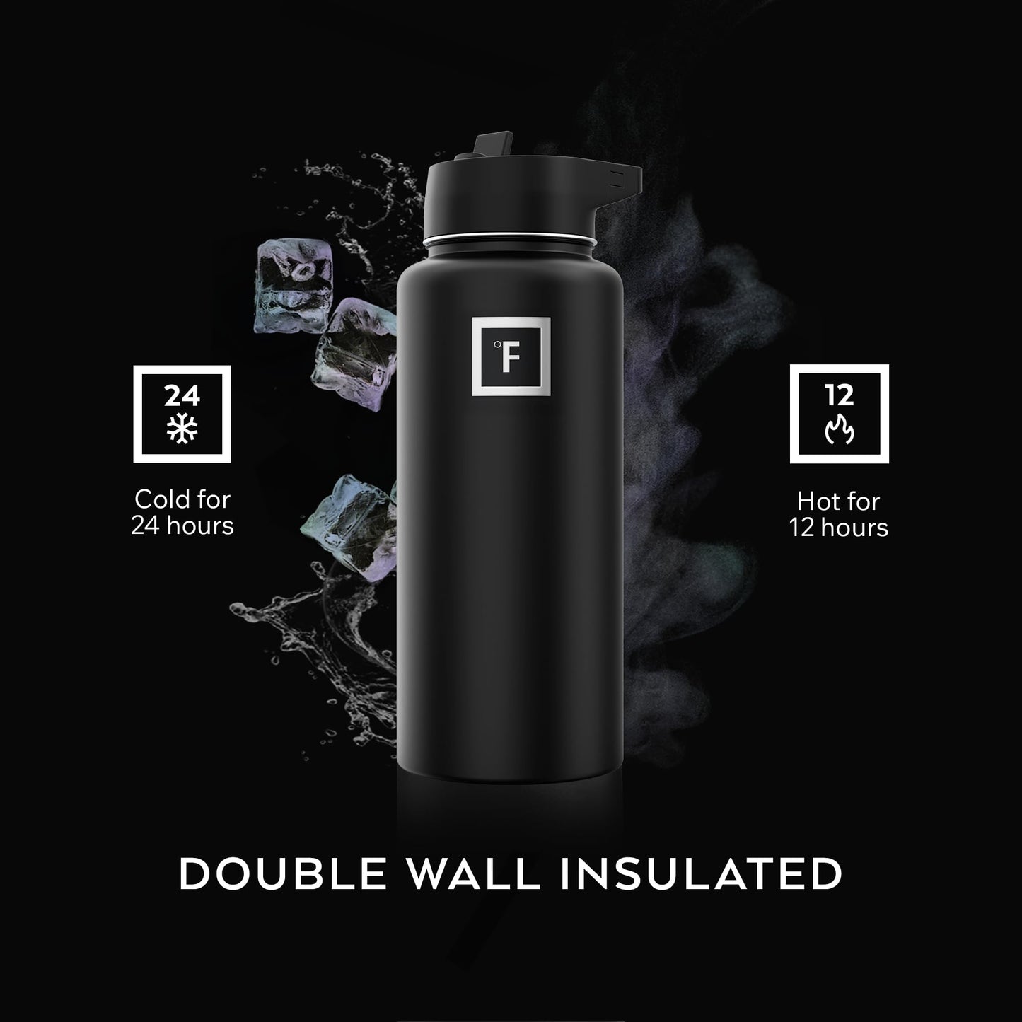 IRON °FLASK Camping & Hiking Hydration Flask with Straw, Wide Mouth Insulated Stainless Steel Sports Water Bottle - Midnight Black 24 oz - Straw (1 Lid)