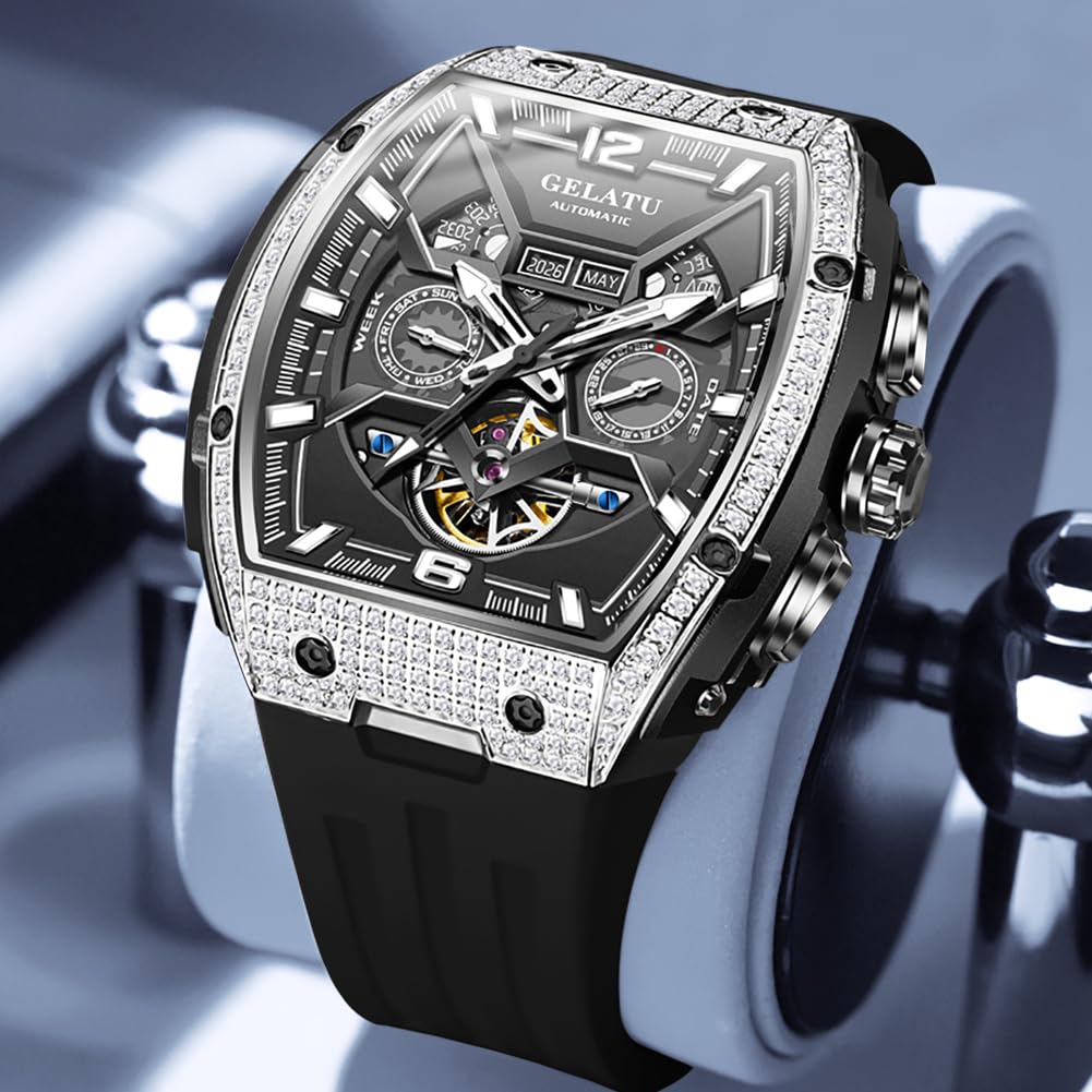 OLEVS Skeleton Men Watches Automatic Business Luxury Diamond Self Winding Watch for Men Stainless Steel Calendar Wrist Watch