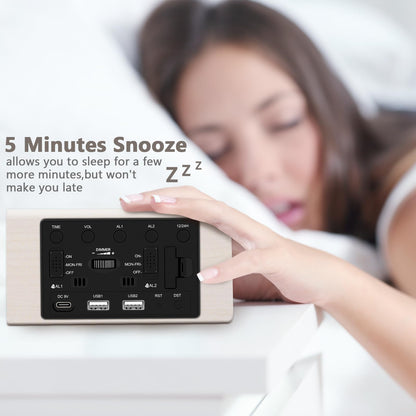 Kogonee Wooden Digital Alarm Clock, 0-100% Dimmer, 2 Alarm Settings, Weekday/Everyday Mode, 9 Mins Snooze, 12/24H, Temperature and Date Display for Office, Travel, Bedroom Alarm Clock (Brown)