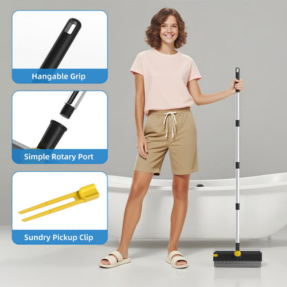 Scrub Brush with Long Handle, Floor Scrub Brush Squeegee Broom for Cleaning, 3 in 1 Shower Scrubber Floor Broom Squeegee for Concrete Tile Wall Deck Patio White