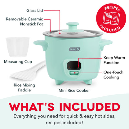 Dash Mini Rice Cooker | Small Rice Maker, 2 Cups Cooked / 1 Cup Uncooked, Ceramic Nonstick Removable Pot, Keep Warm Function, Compact and Portable for Dorm, Travel, Single Serve, Aqua