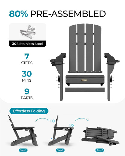 Folding Adirondack Chair, HDPE Adirondack Chairs with 2 Cup Holder, Plastic All-Weather Fire Pit Chairs, Outdoor Lawn Chair for Patio Garden (Grey)