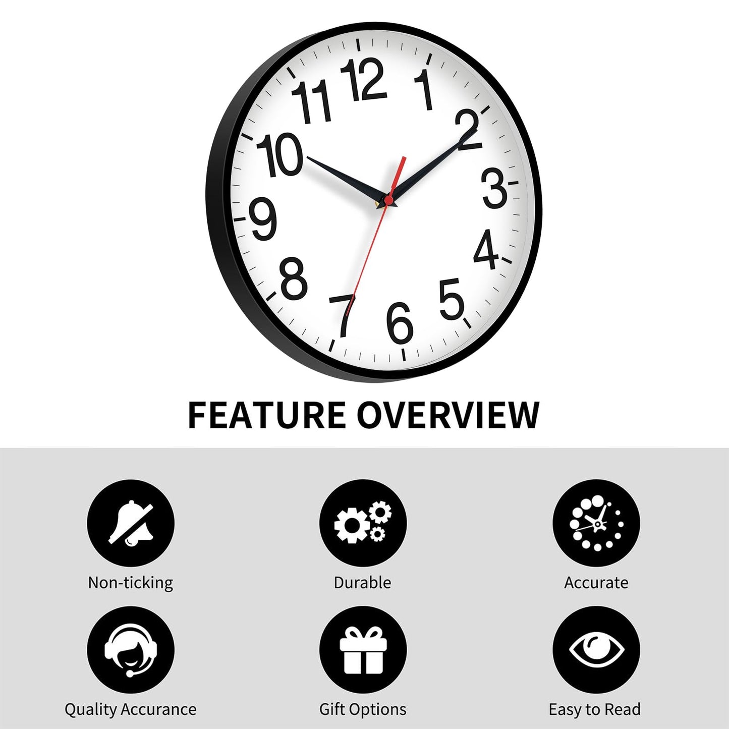 Rohioue Wall Clock Modern 8 Inch Battery Operated Silent Non Ticking Small Analog Clock for Living Room Office Home Bedroom Kitchen Bathroom(Black)