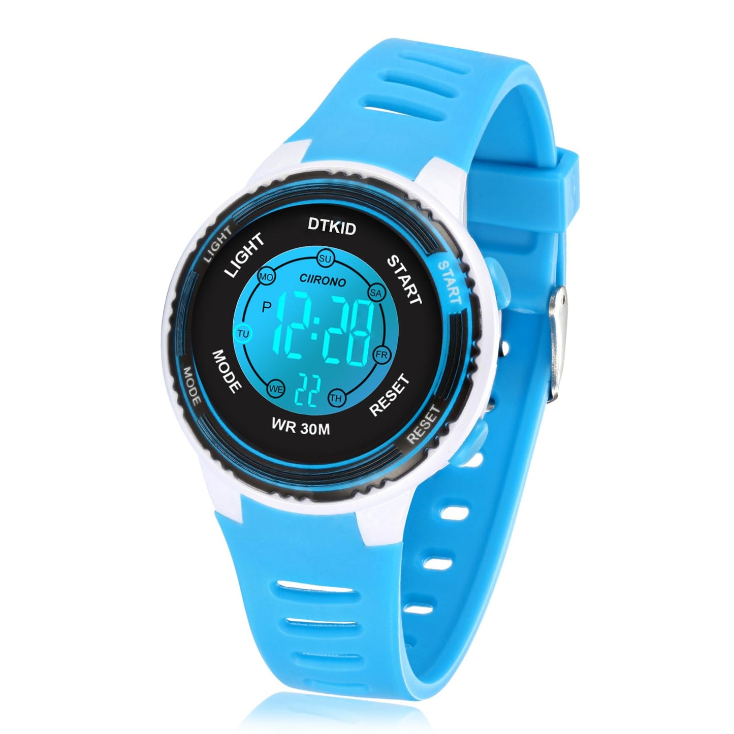 DTKID Digital Kids Watch 30 M Waterproof, 7 Color Lights Time Teaching Watch Easy to Read for Girls Boys 5-16