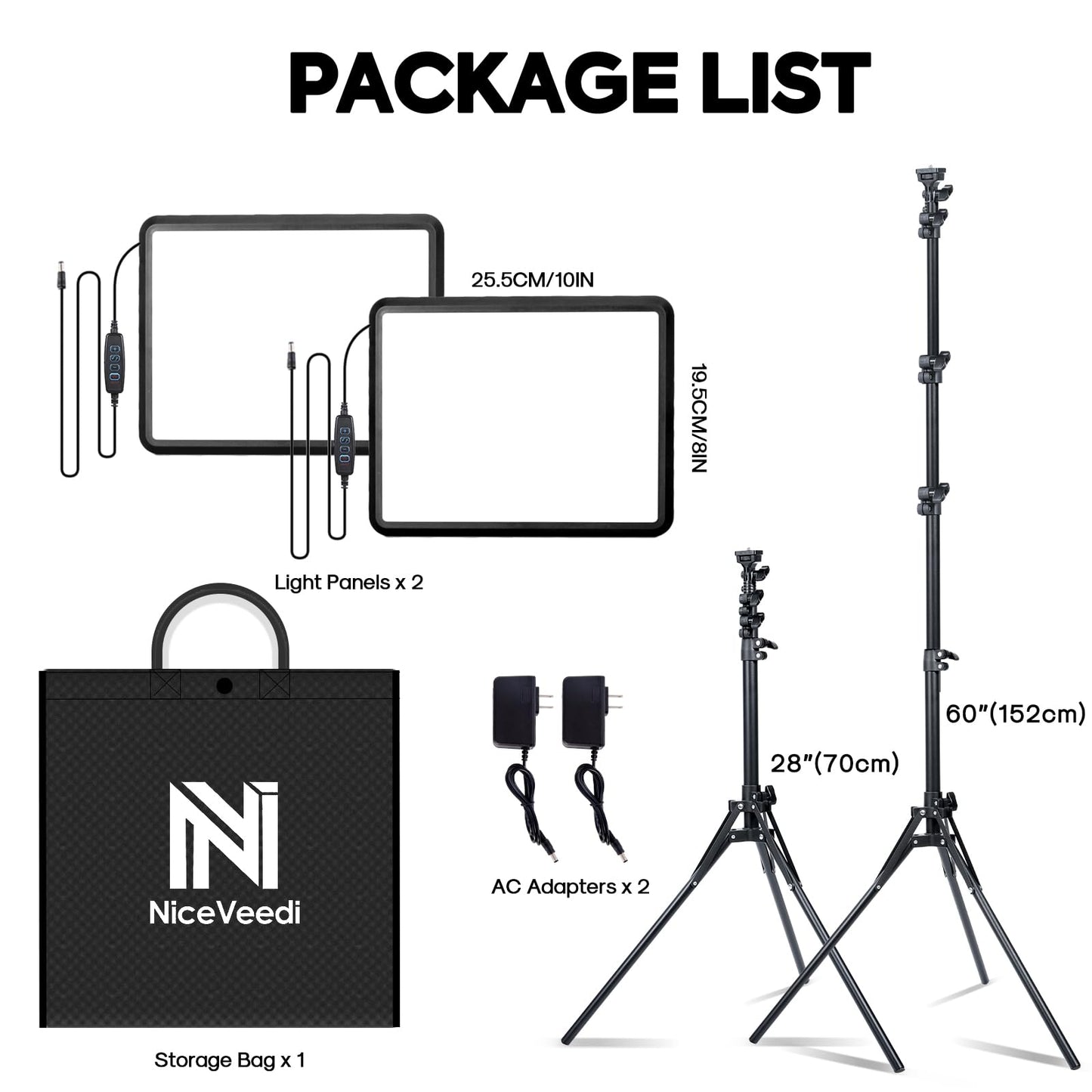 2-Pack LED Video Light Kit, NiceVeedi Studio Light, 2800-6500K Dimmable Photography Lighting Kit with Tripod Stand&Phone Holder, 73" Stream Light for Video Recording, Game Streaming, YouTube