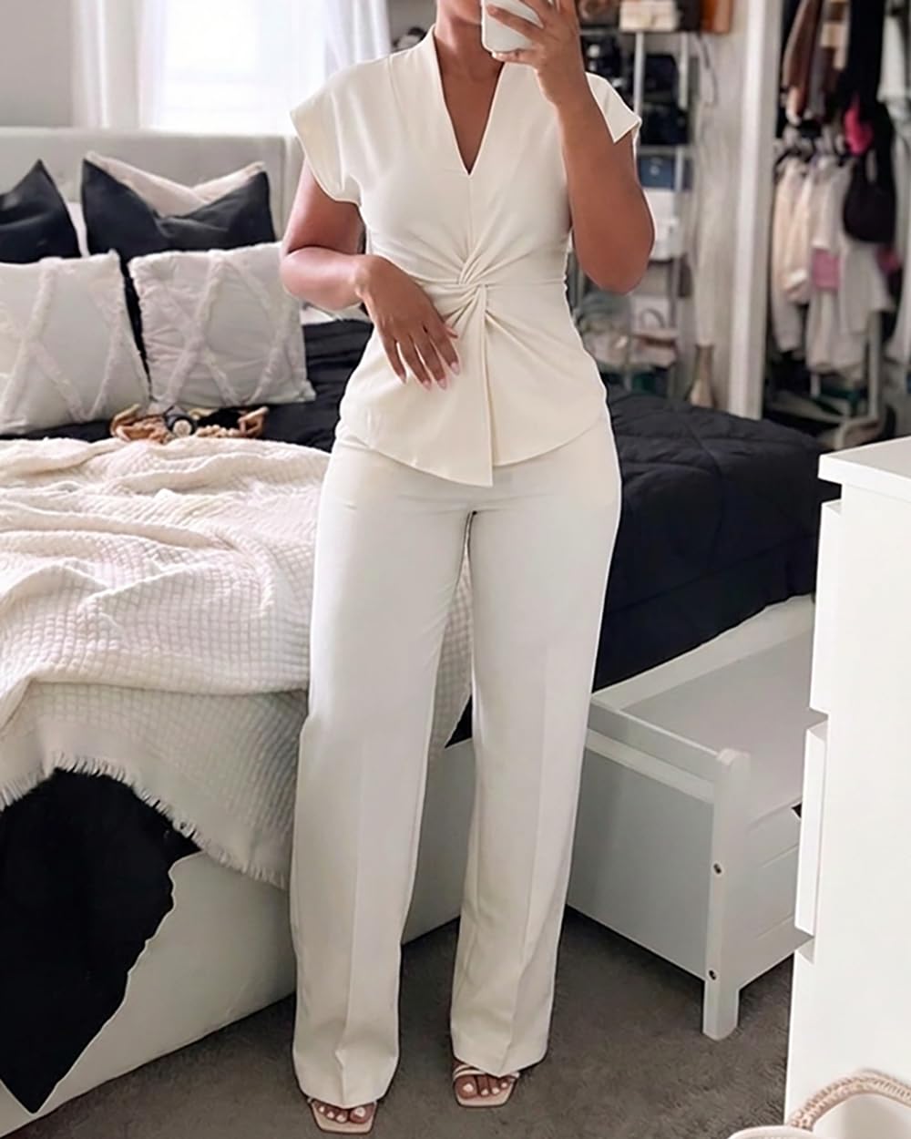CHICME Women 2 Piece Outfits Twist Front Zipper Top and Elastic Waist Straight Leg Pants Set Casual Matching Set