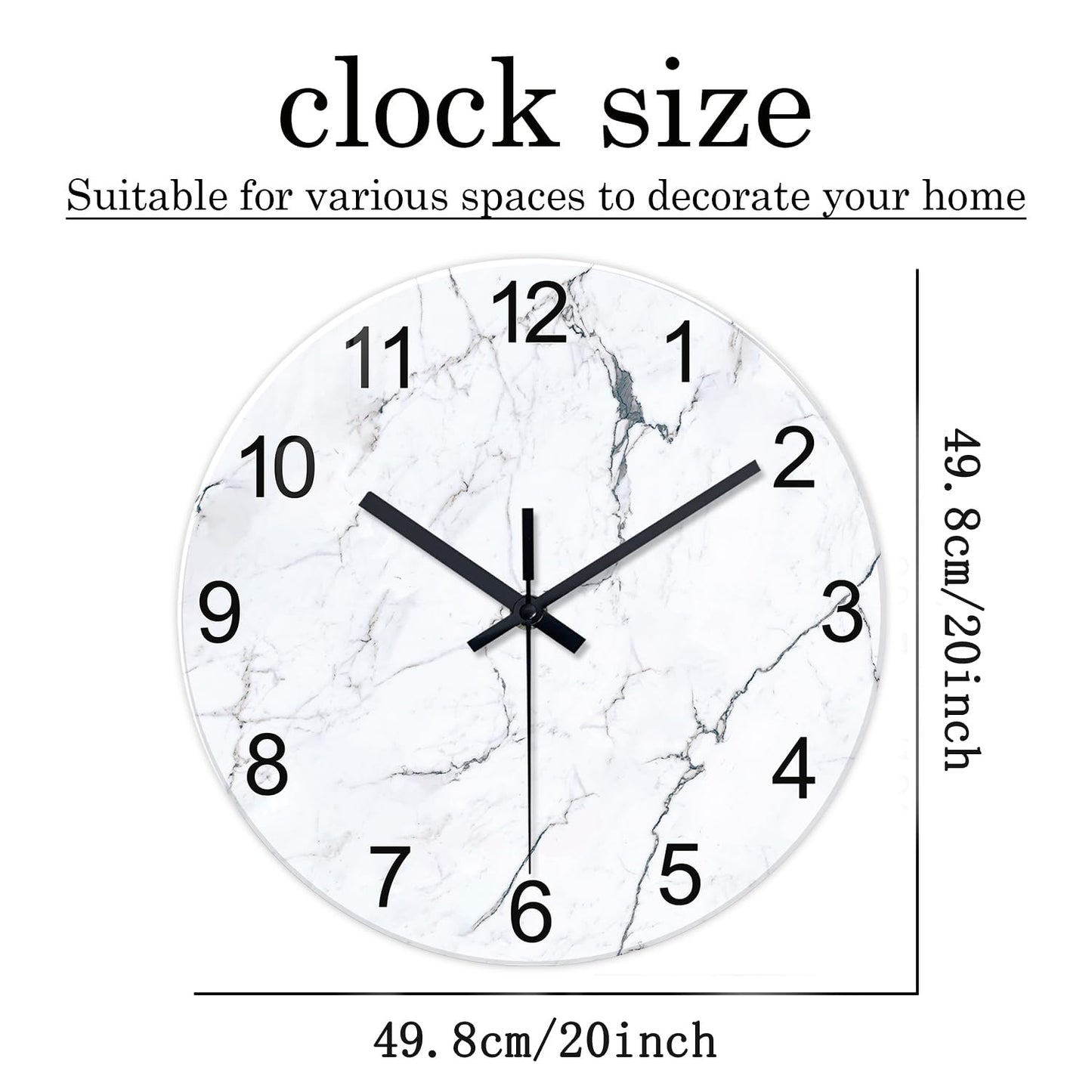 White Marble Glass Wall Clocks Battery Operated 12 Inch Abstract Decorative Analog Wall Clocks for Living Room Bedroom Office Silent Wall Clock Modern