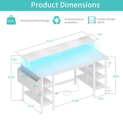 Lufeiya Gaming Desk with LED Lights and Storage Shelves, 47 inch Computer Desk with Power Outlets, Home Office Desk with Monitor Stand, Writing Table PC Desks, Black
