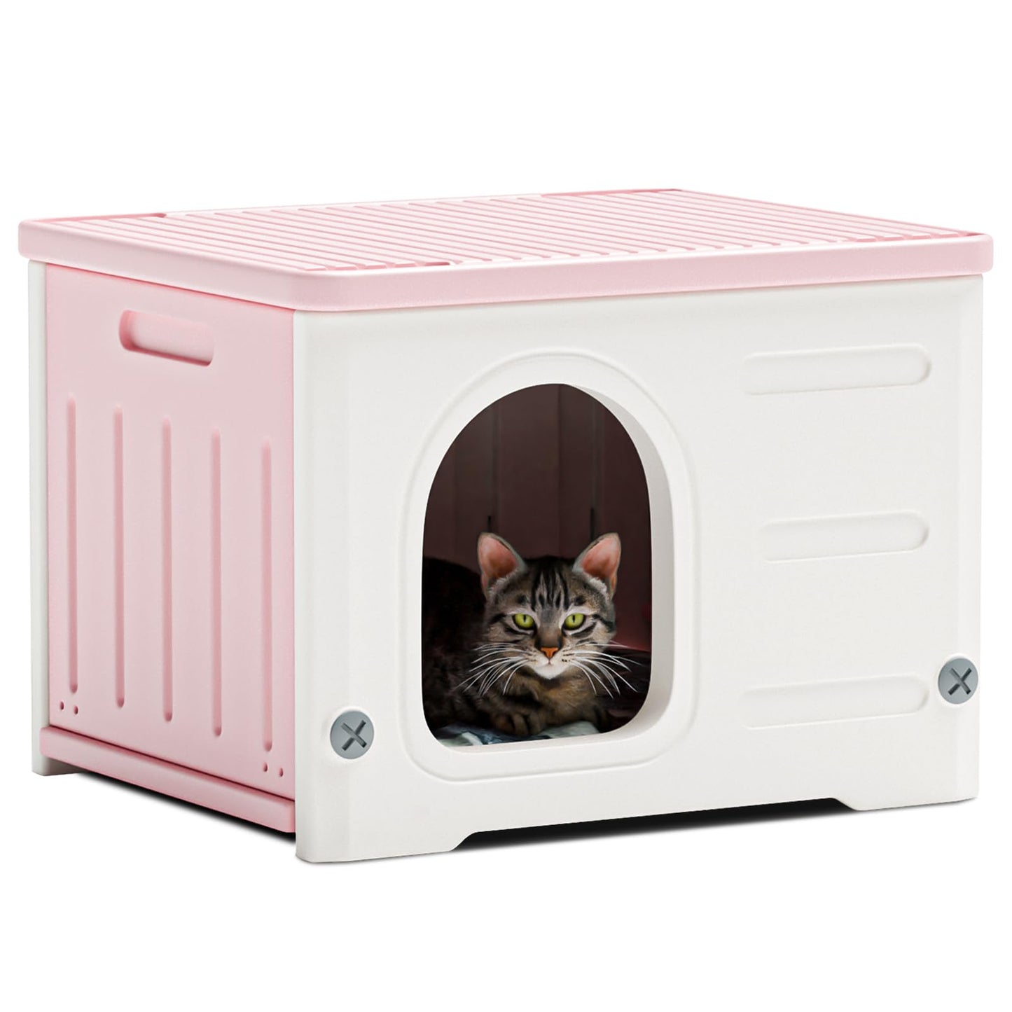 Plastic Cat House for Outdoor Indoor Use, Stackable Feral Cat Shelter Indoor Cat House Weatherproof Waterproof Elevated (Green)