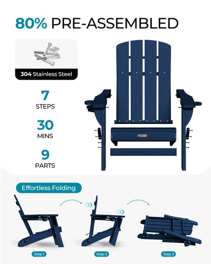 Folding Adirondack Chair, HDPE Adirondack Chairs with 2 Cup Holder, Plastic All-Weather Fire Pit Chairs, Outdoor Lawn Chair for Patio Garden (Grey)