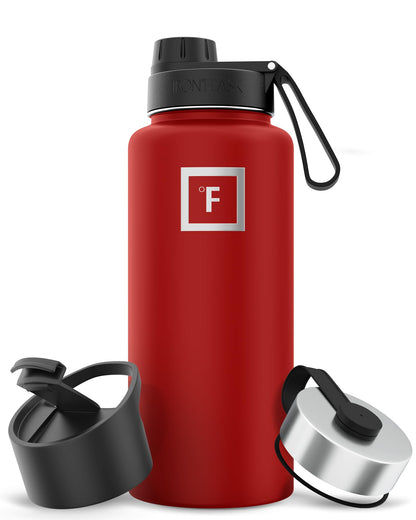 IRON °FLASK Camping & Hiking Hydration Flask with Straw, Wide Mouth Insulated Stainless Steel Sports Water Bottle - Midnight Black 24 oz - Straw (1 Lid)