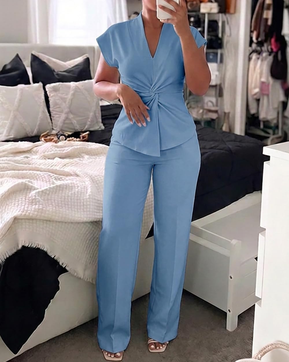CHICME Women 2 Piece Outfits Twist Front Zipper Top and Elastic Waist Straight Leg Pants Set Casual Matching Set