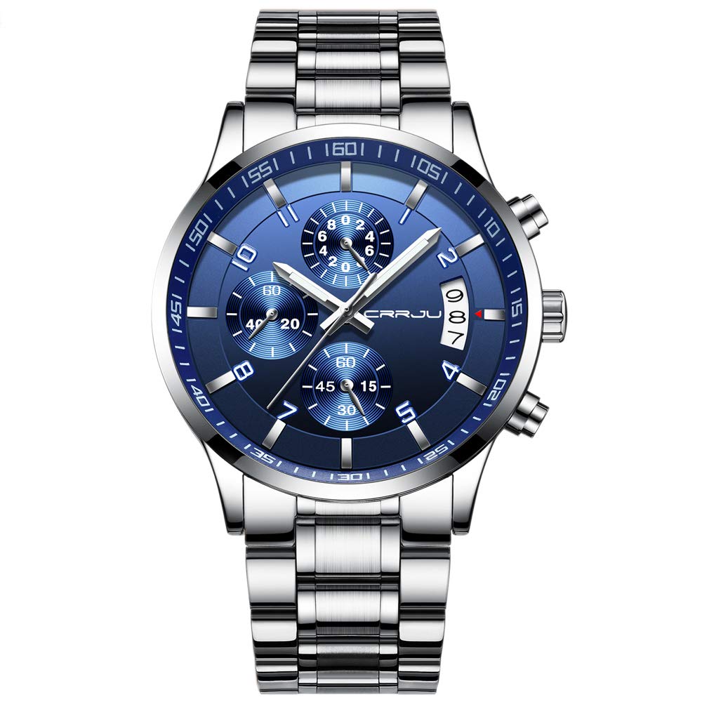 CRRJU Men's Fashion Stainless Steel Watches Date Waterproof Chronograph Wristwatches,Black Steel Band Waterproof Quartz Watch for Men