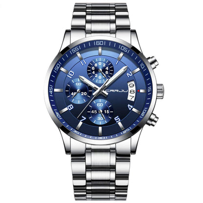 CRRJU Men's Fashion Stainless Steel Watches Date Waterproof Chronograph Wristwatches,Black Steel Band Waterproof Quartz Watch for Men