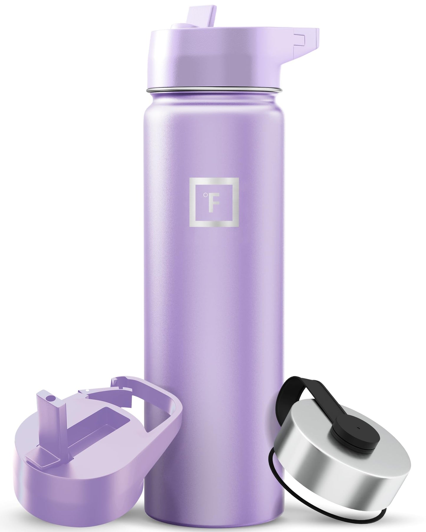 IRON °FLASK Camping & Hiking Hydration Flask with Straw, Wide Mouth Insulated Stainless Steel Sports Water Bottle - Midnight Black 24 oz - Straw (1 Lid)