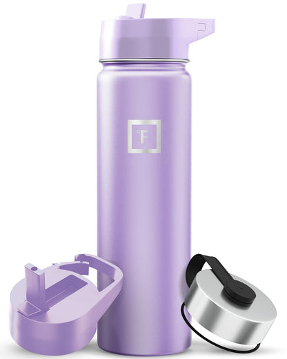 IRON °FLASK Camping & Hiking Hydration Flask with Straw, Wide Mouth Insulated Stainless Steel Sports Water Bottle - Midnight Black 24 oz - Straw (1 Lid)