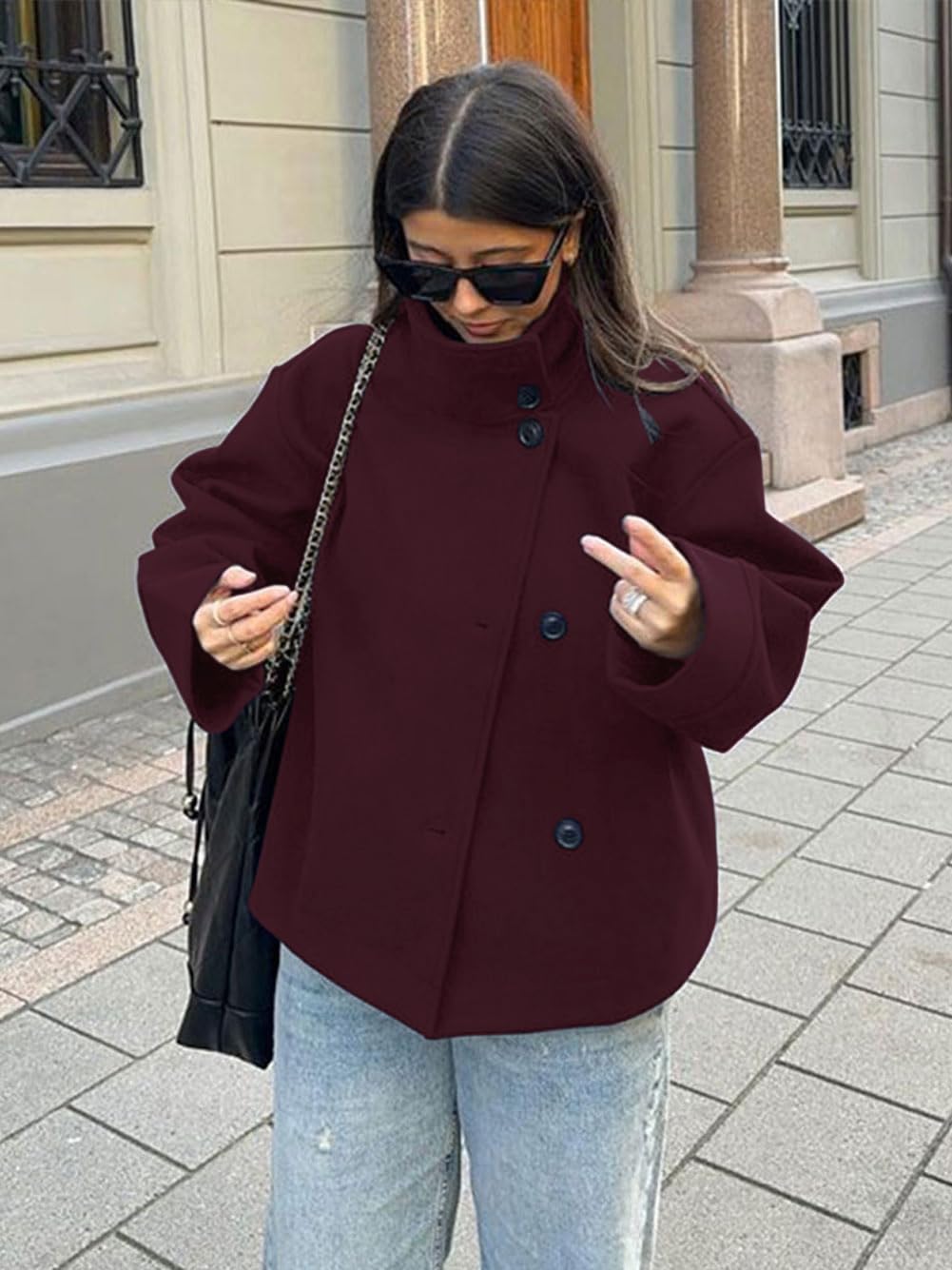 CHARTOU Women Crop Pea Coat Wool Blend Winter Loose Casual Short Jacket Outwear