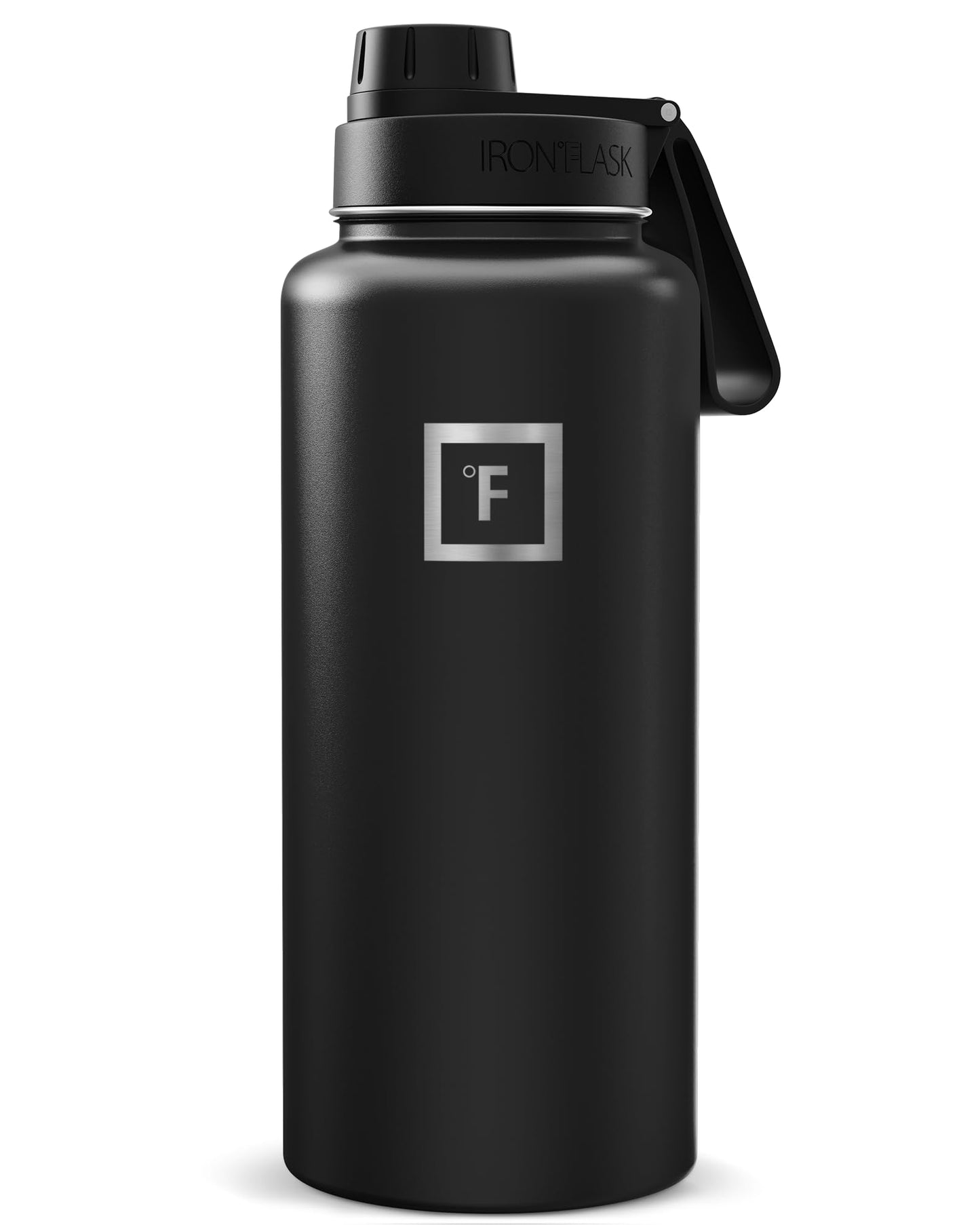 IRON °FLASK Camping & Hiking Hydration Flask with Straw, Wide Mouth Insulated Stainless Steel Sports Water Bottle - Midnight Black 24 oz - Straw (1 Lid)